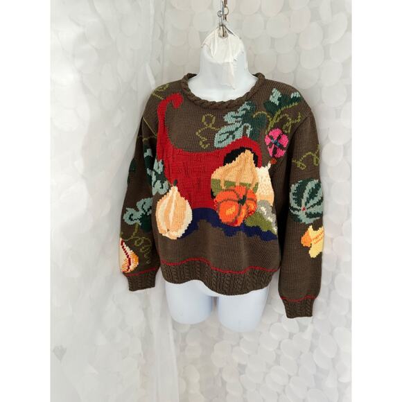 Berek Marta D Sweater Small HAND KNIT Cornucopia Pumpkins Leaves Gourds 1989 NEW - Picture 3 of 9